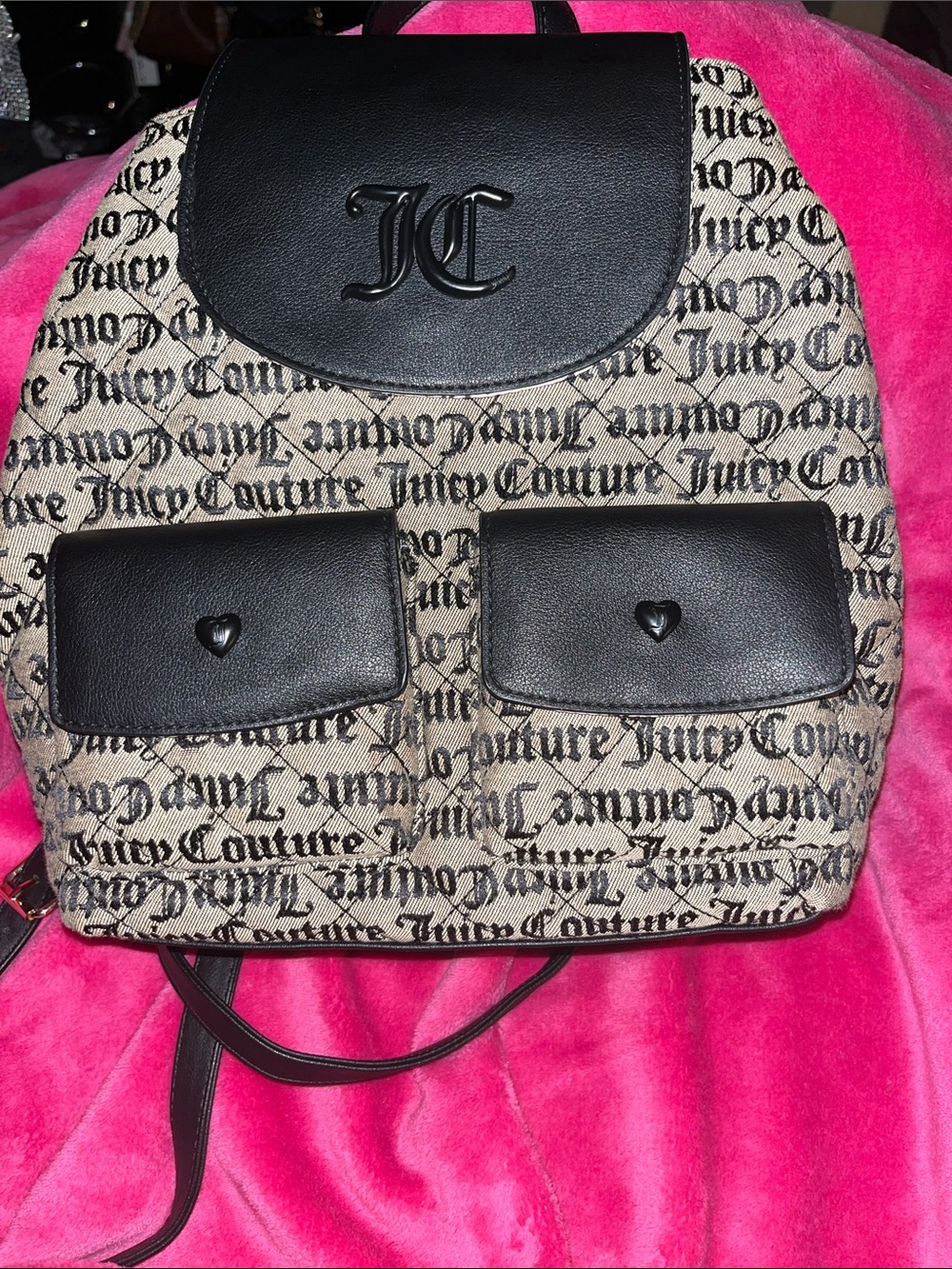 Juicy Couture Black & Beige Logo Print Backpack